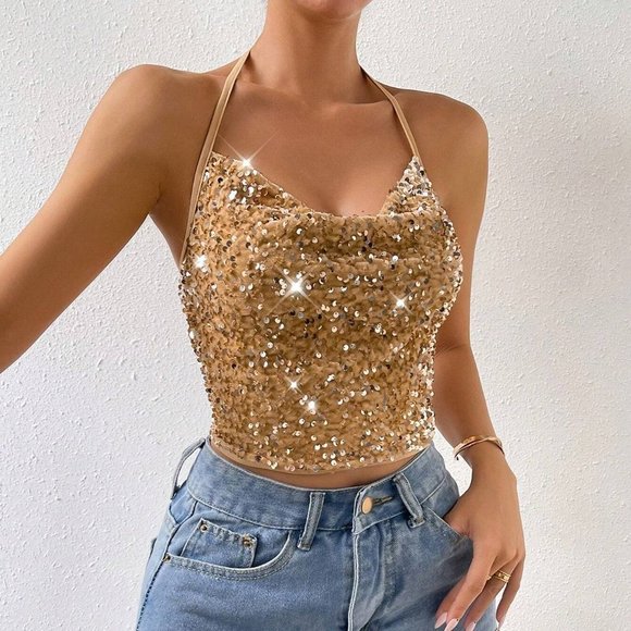 Gold Party Womens Draped Collar Backless Sequin Halter Top - Picture 5 of 5